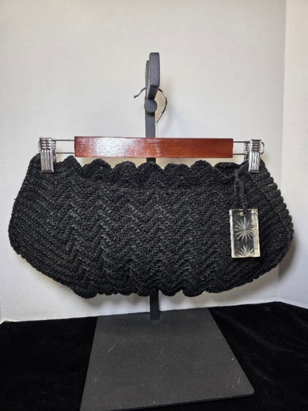 Vintage 1940s Black Cordé Oversized Clutch with Lucite Pull